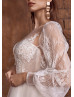 Long Sleeves Ivory Lace Tulle Buttons Back Wedding Dress